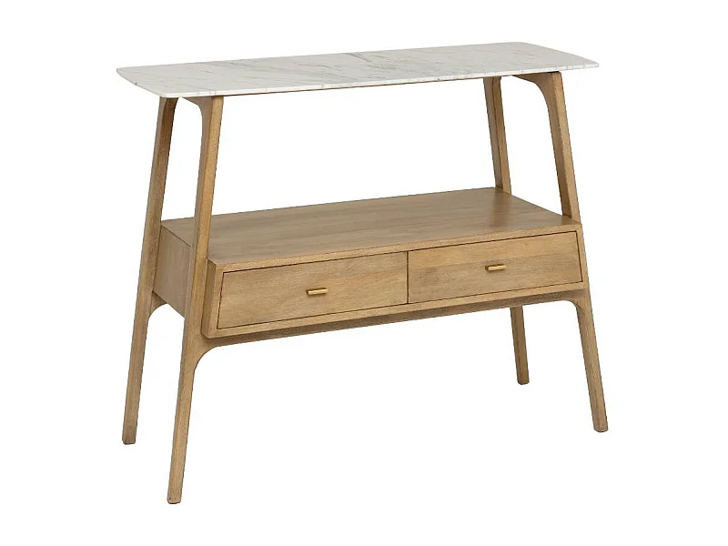 Consola de madera de mango y mármol blanco con almacenamiento