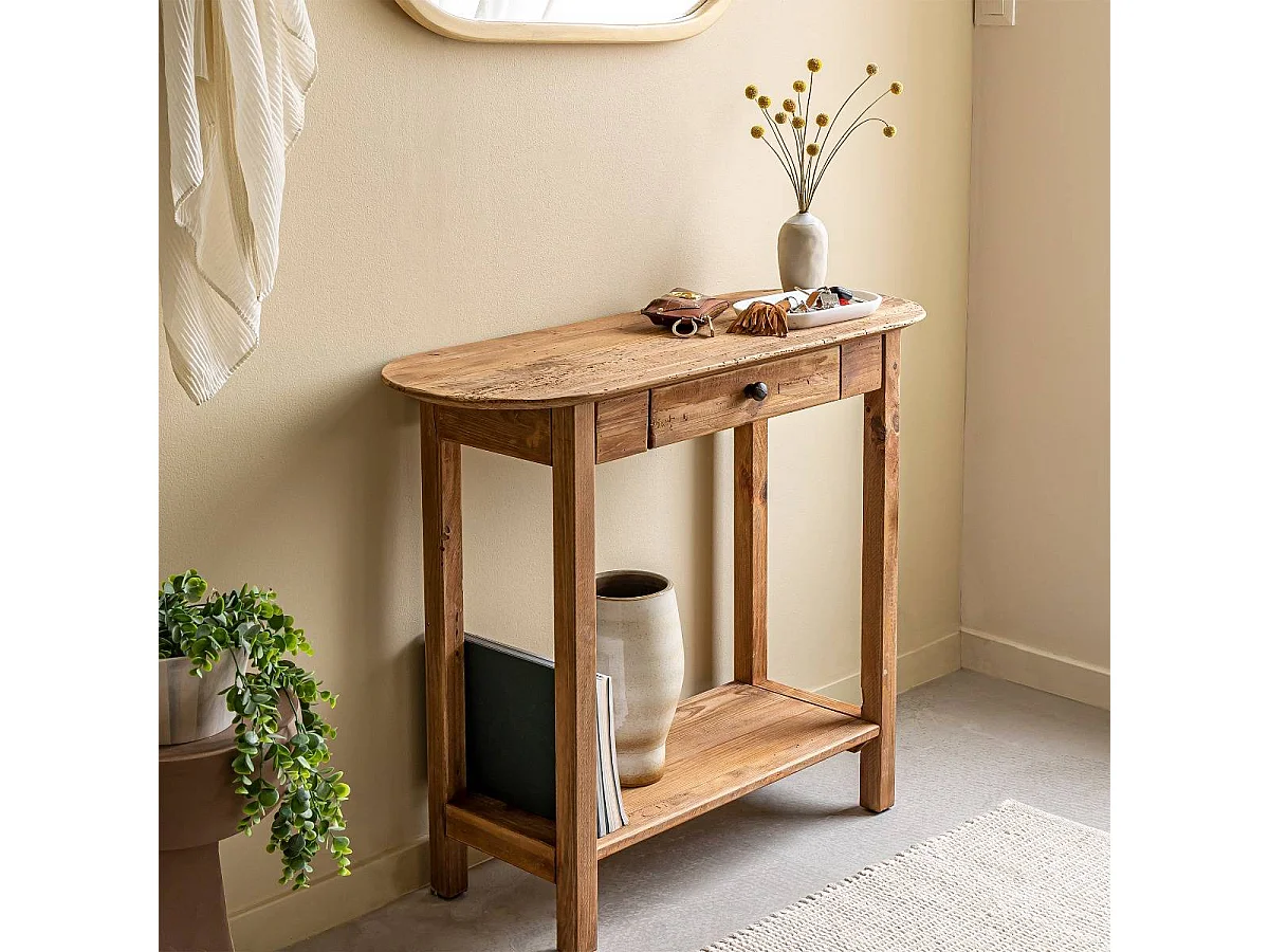 Consola de madera de pino reciclado Blaise con cajón de almacenamiento