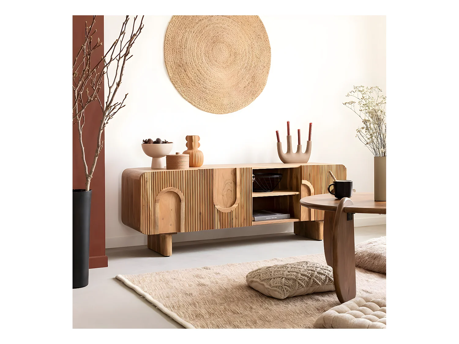 Mueble de TV de madera de acacia Tilio con almacenamiento, diseño contemporáneo