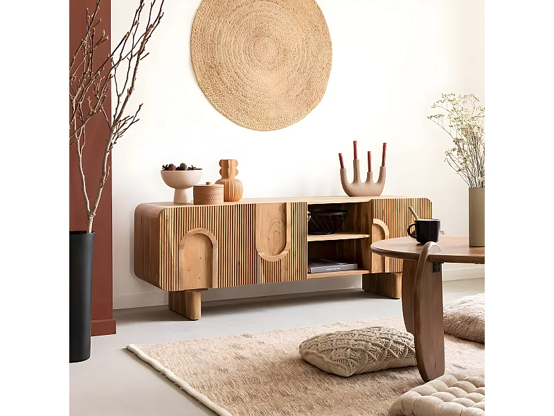 Mueble de TV de madera de acacia Tilio con almacenamiento, diseño contemporáneo