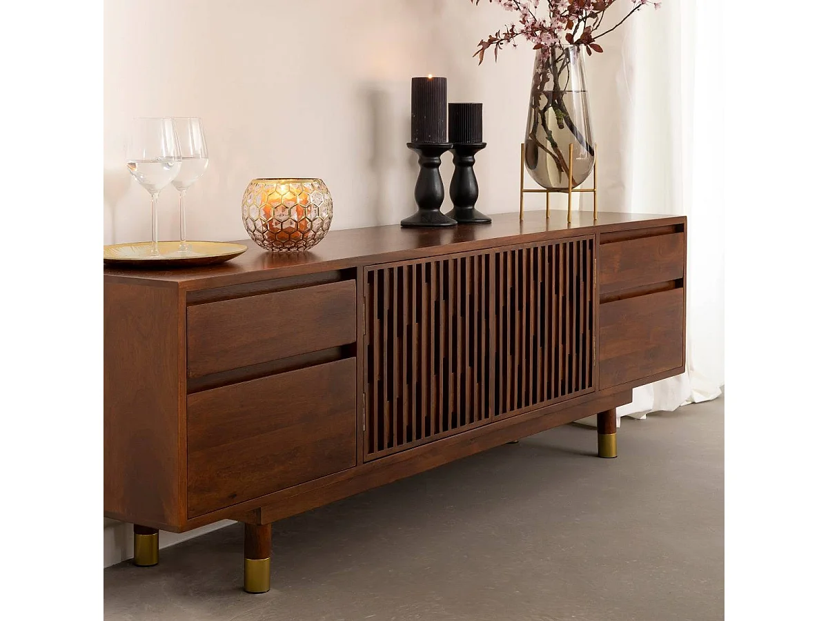 Mueble de TV de madera de mango Xabi con almacenamiento y diseño contemporáneo