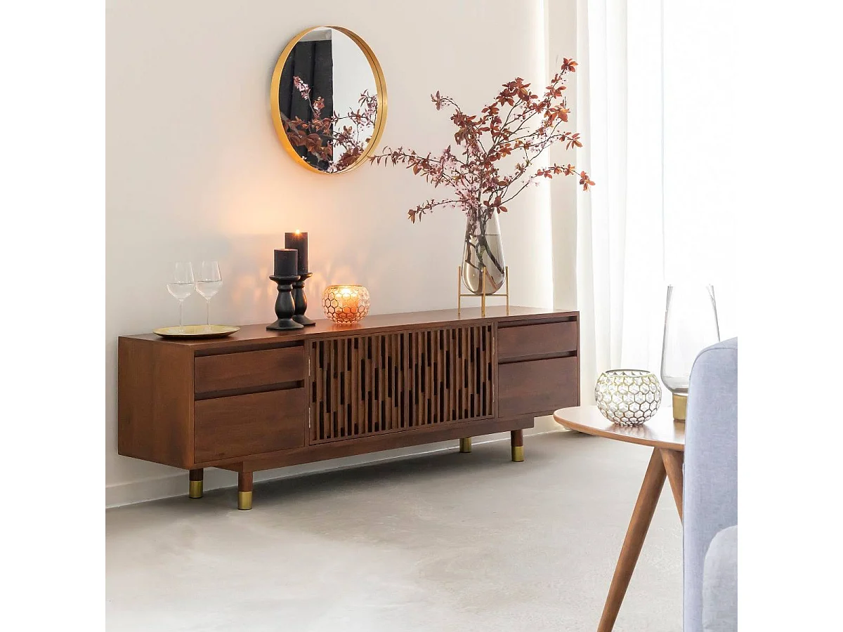 Mueble de TV de madera de mango Xabi con almacenamiento y diseño contemporáneo