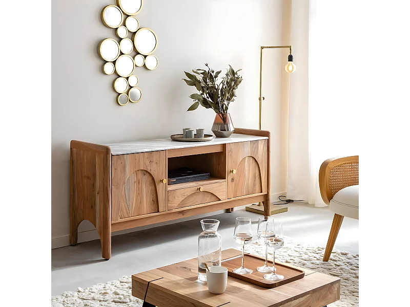 Mueble de TV de mármol y madera de acacia Calix con almacenamiento