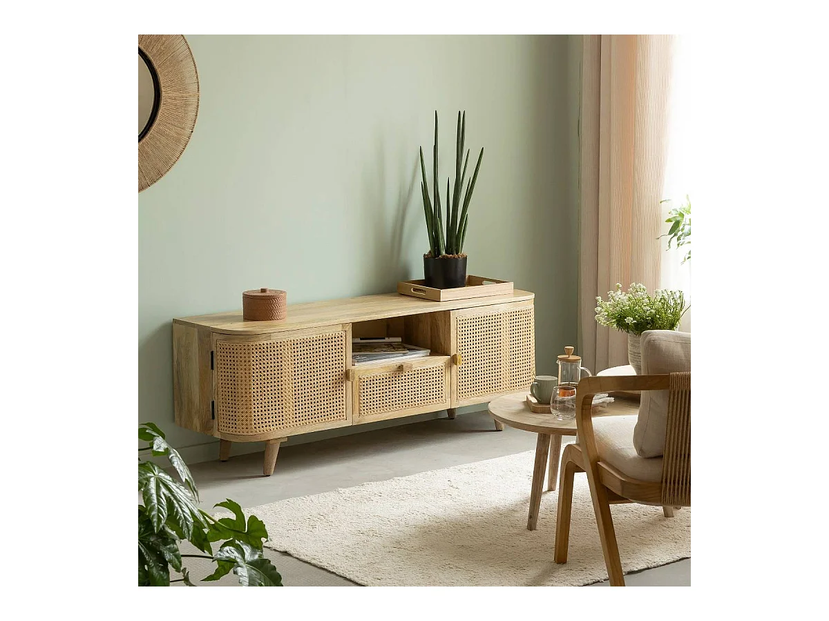 Meuble TV en bois de manguier et cannage Palma