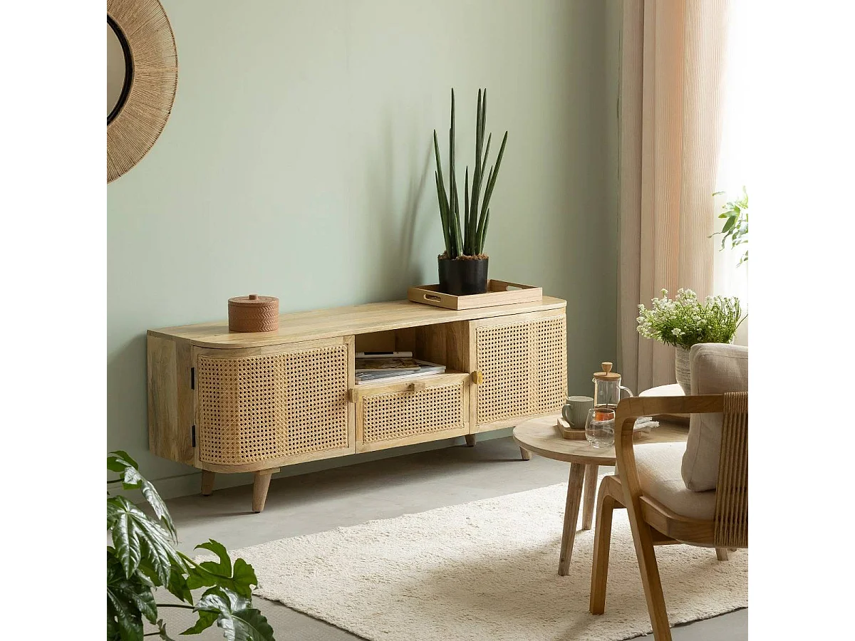 Mueble de TV de madera de mango y caña Palma - Diseño bohemio y elegante con puertas de caña