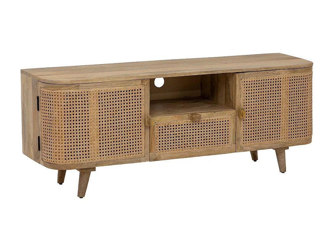 Mueble de TV de madera de mango y caña Palma - Diseño bohemio y elegante con puertas de caña