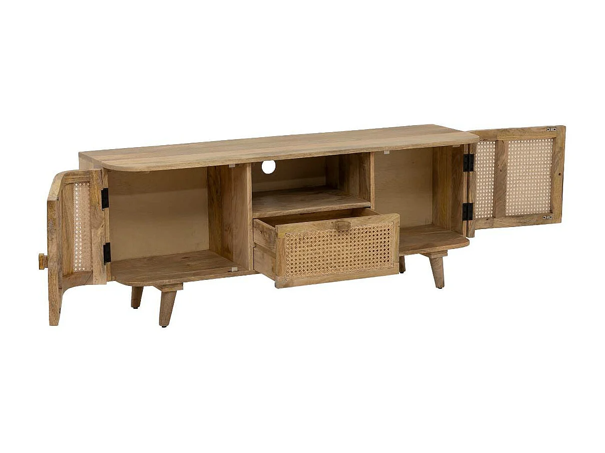 Mueble de TV de madera de mango y caña Palma - Diseño bohemio y elegante con puertas de caña