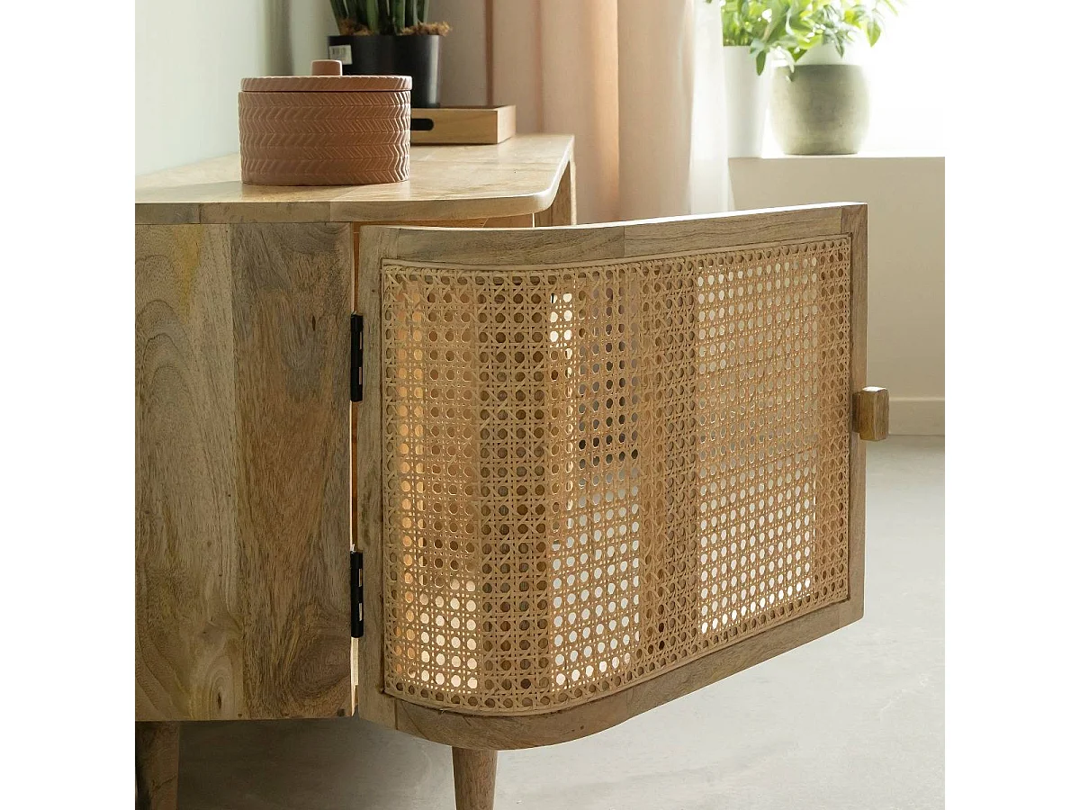 Mueble de TV de madera de mango y caña Palma - Diseño bohemio y elegante con puertas de caña