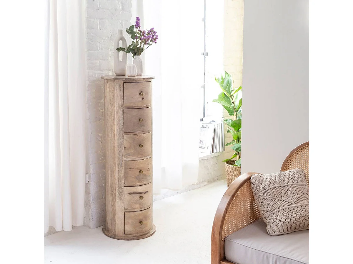 Cómoda redonda de madera de mango Maëva - 6 cajones espaciosos para un almacenamiento fácil y ordenado