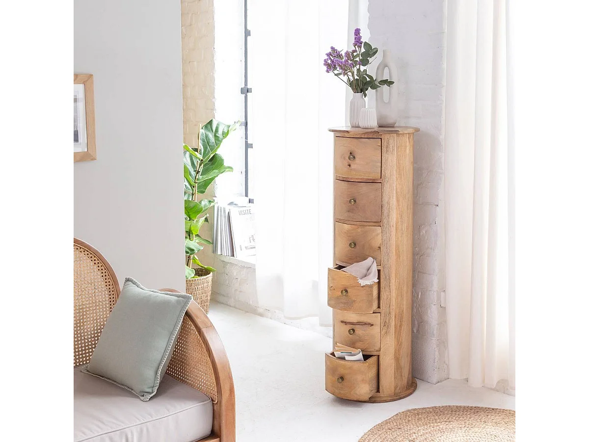 Cómoda redonda de madera de mango Maëva - 6 cajones espaciosos para un almacenamiento fácil y ordenado