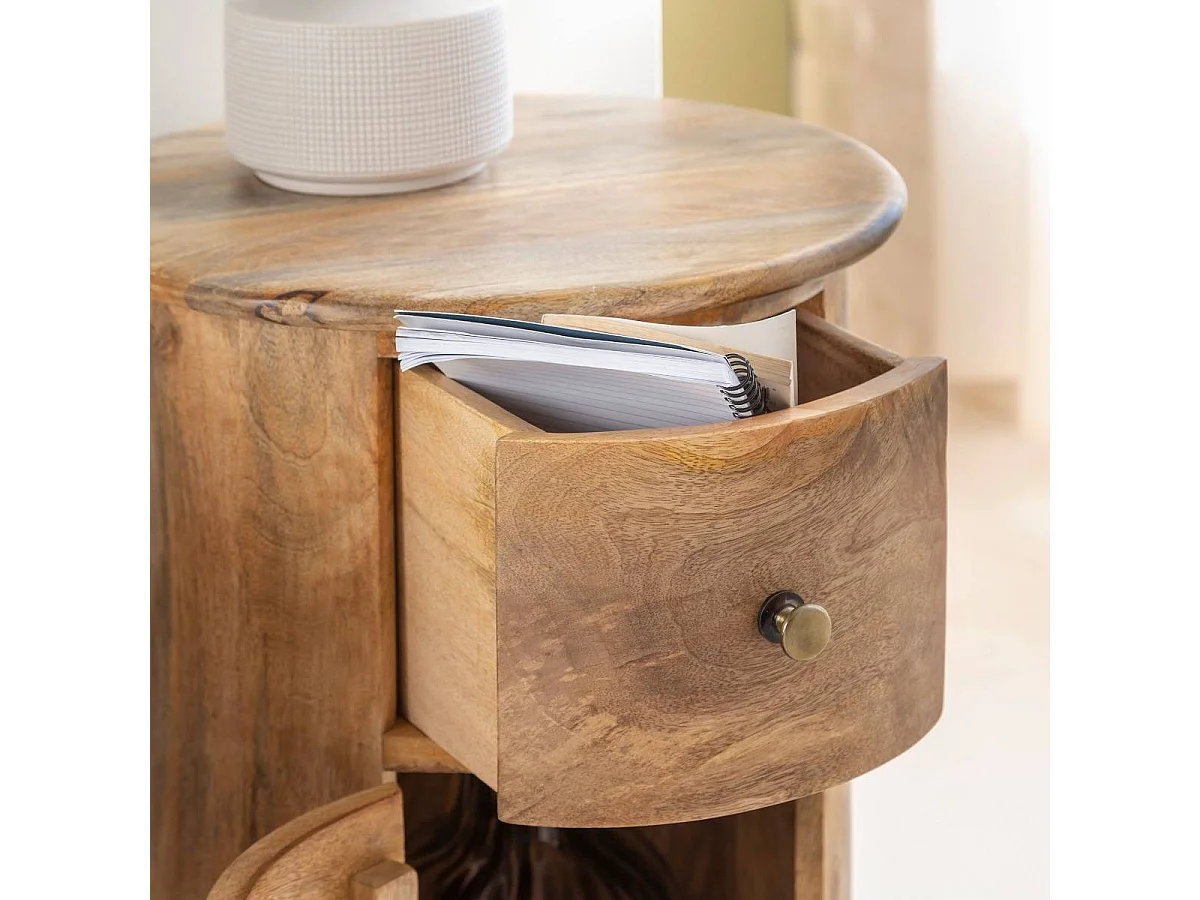 Table de chevet ronde en bois de manguier avec porte Maëva