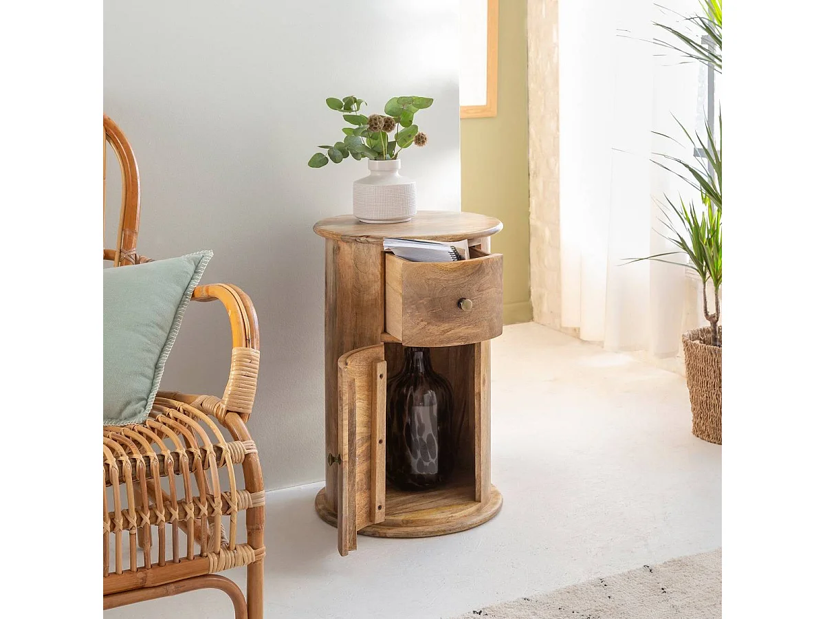 Table de chevet ronde en bois de manguier avec porte Maëva