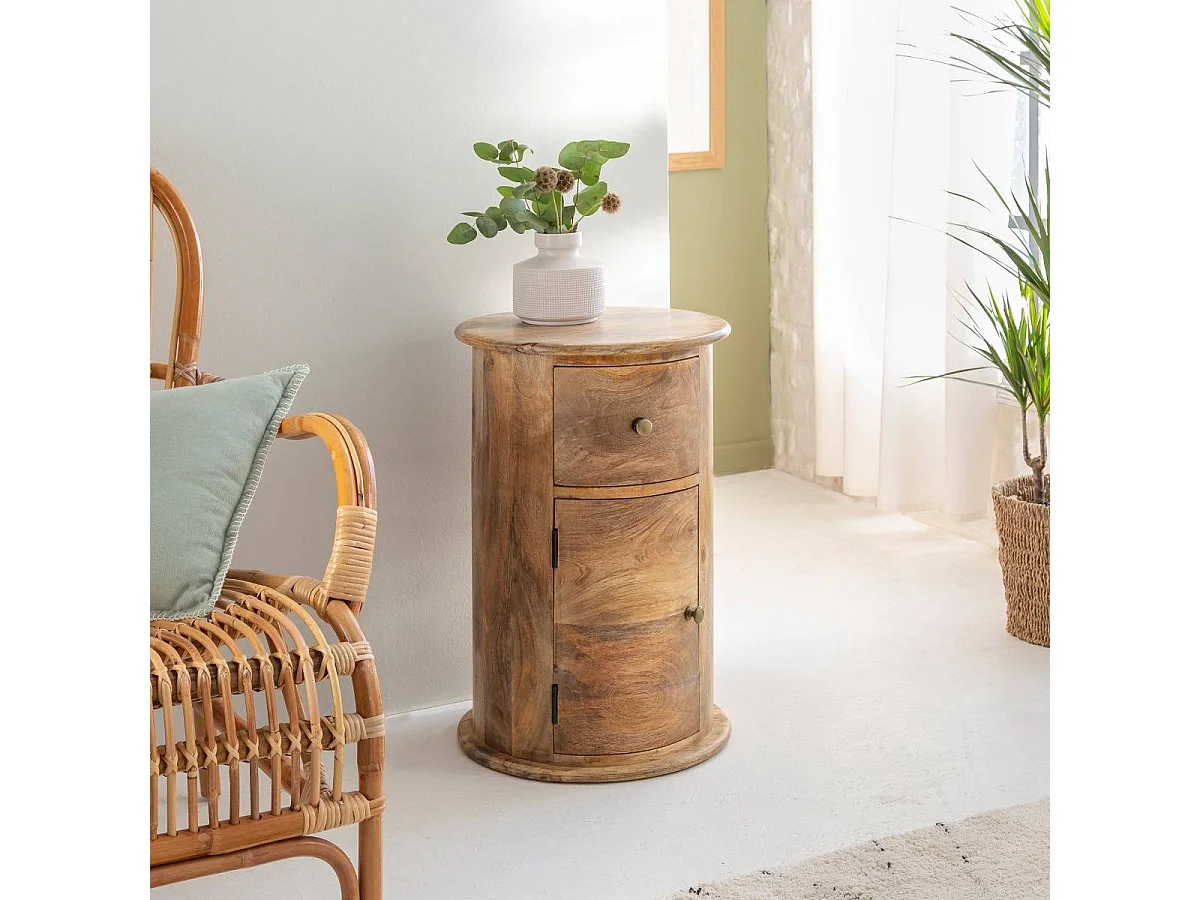 Mesita de noche redonda de madera de mango con puerta Maëva