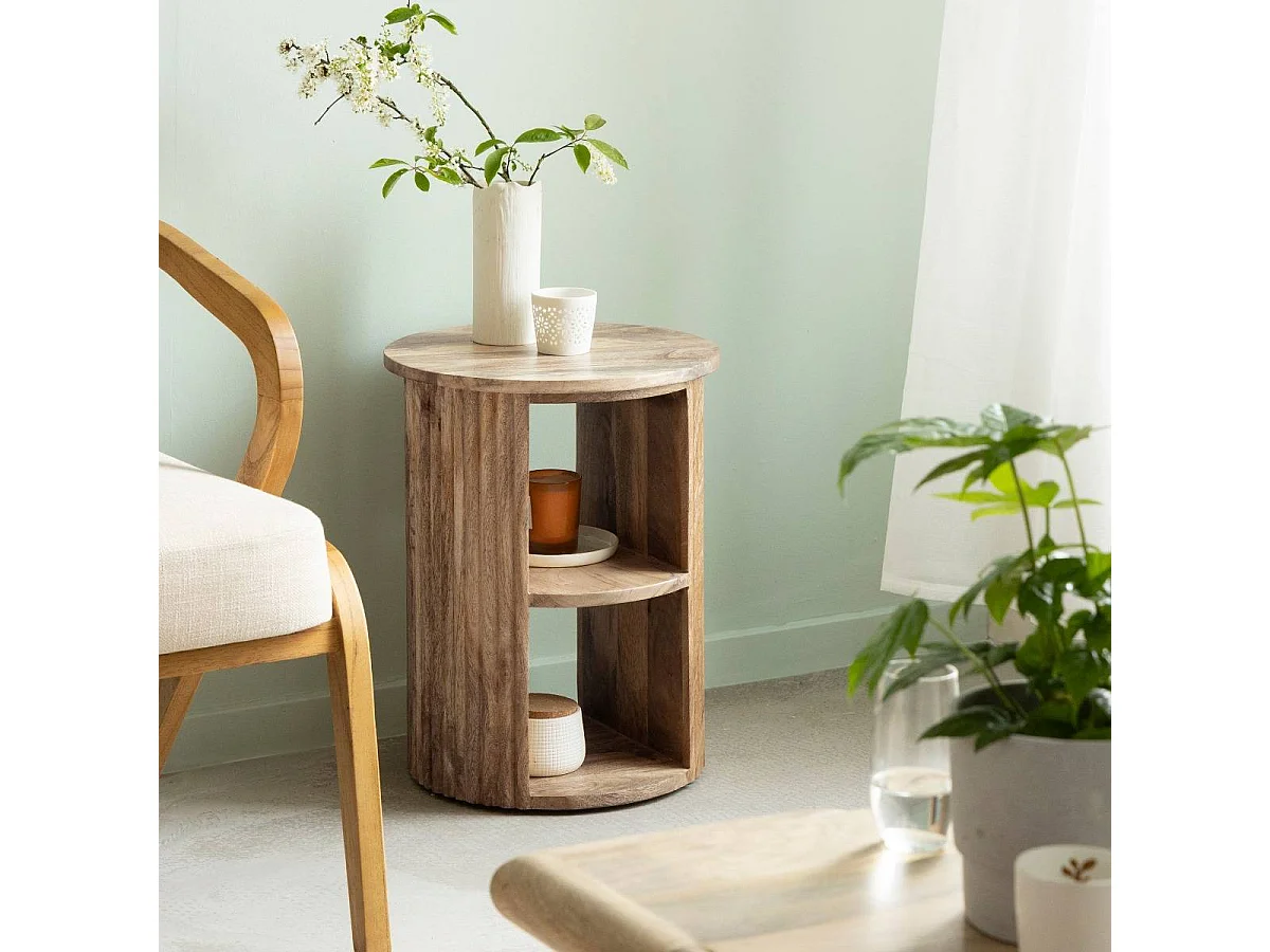 Mesa de noche redonda de madera de mango con almacenamiento abierto Maëva