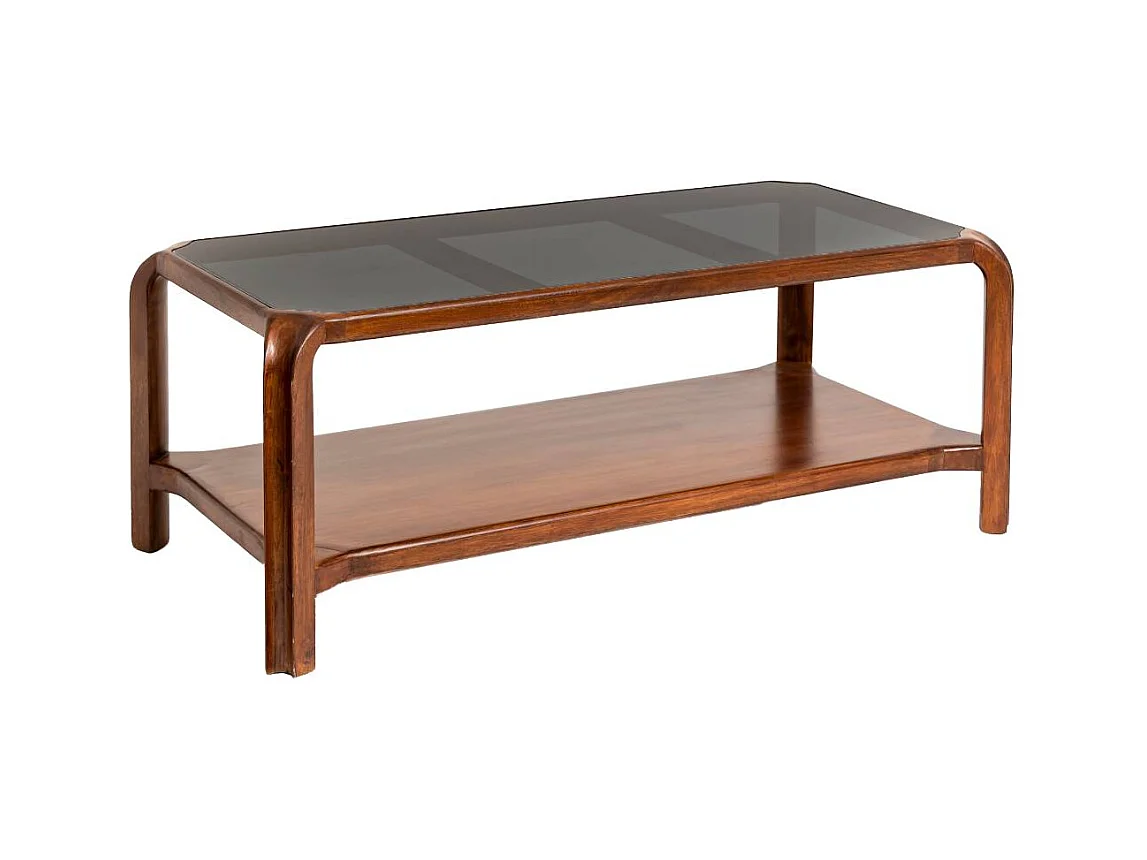 Mesa de centro de madera de mango Onane con tapa de cristal tintado negro