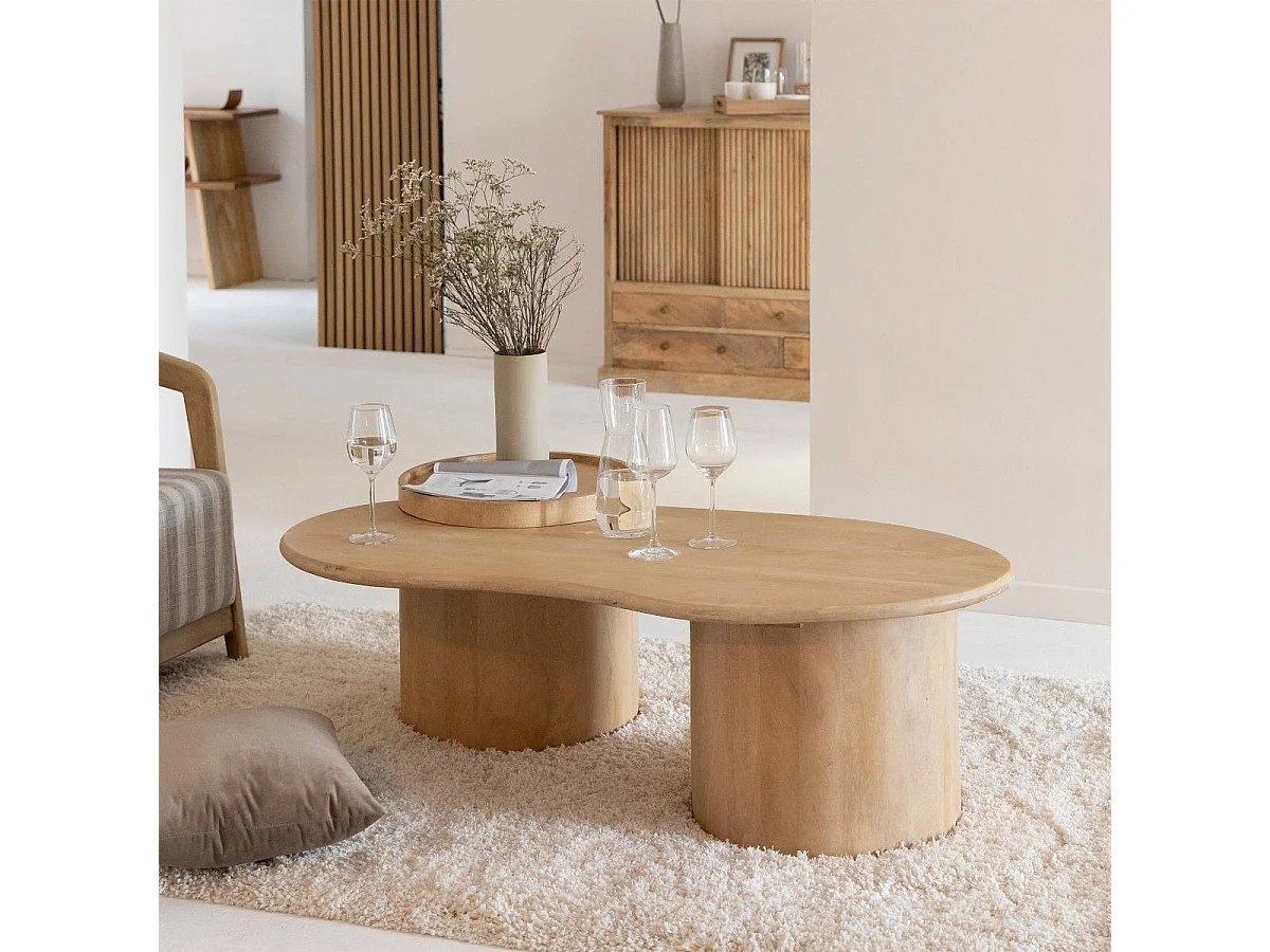 Mesa de centro ondulada de madera de mango Atlas - Diseño bohemio y elegante con almacenamiento