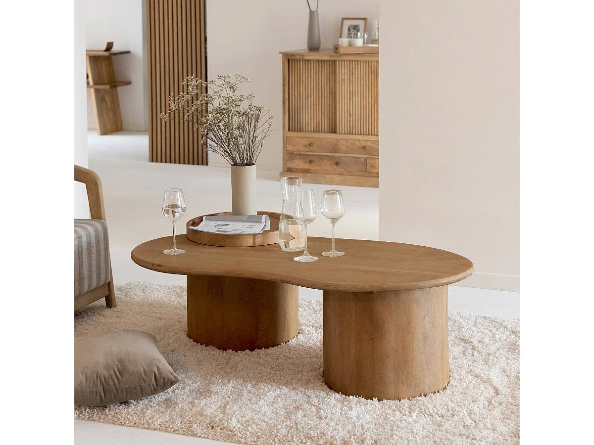 Mesa de centro ondulada de madera de mango Atlas - Diseño bohemio y elegante con almacenamiento