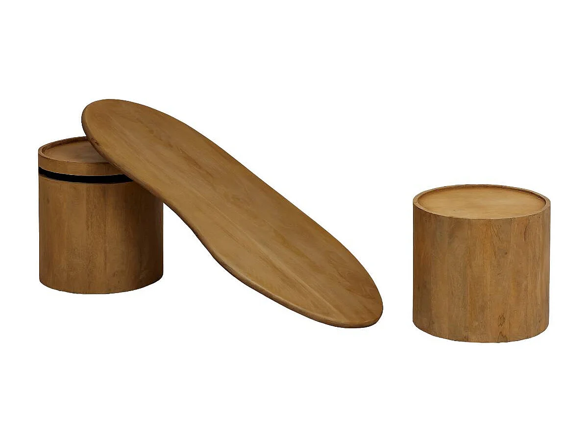 Mesa de centro ondulada de madera de mango Atlas - Diseño bohemio y elegante con almacenamiento