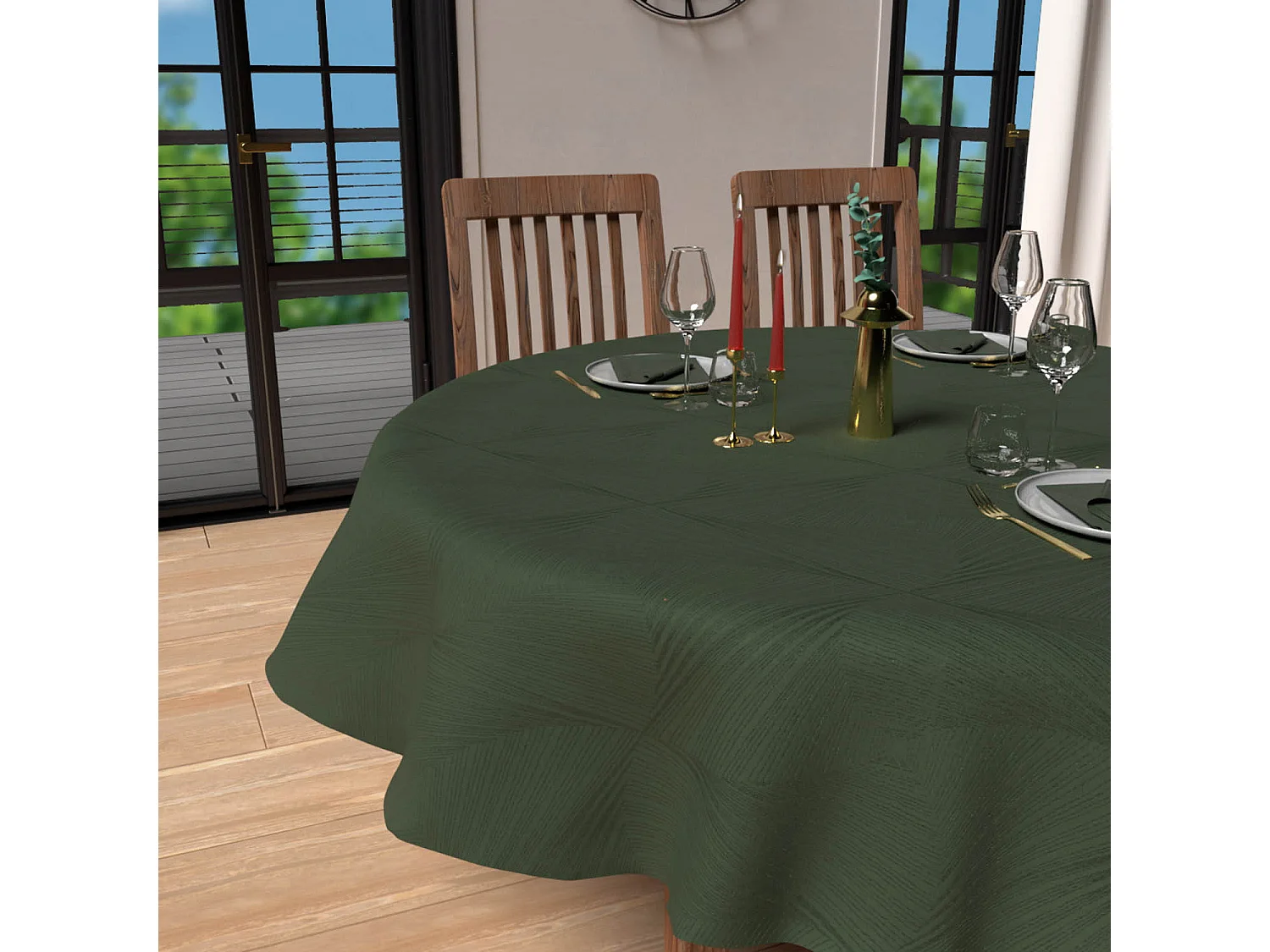 Mantel redondo antimanchas diámetro 180 cm LUXURY verde, por Soleil d'Ocre