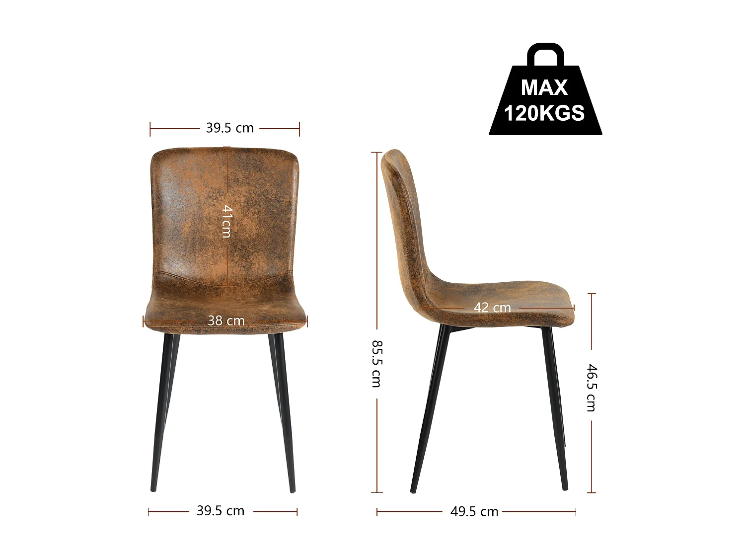 URBAN MEUBLE Lot de 4 chaises de salle à manger vintage marron suède pied noir