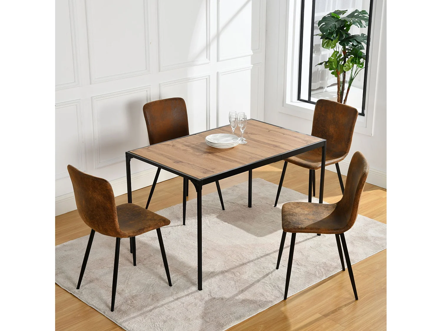 URBAN MEUBLE Lot de 4 chaises de salle à manger vintage marron suède pied noir