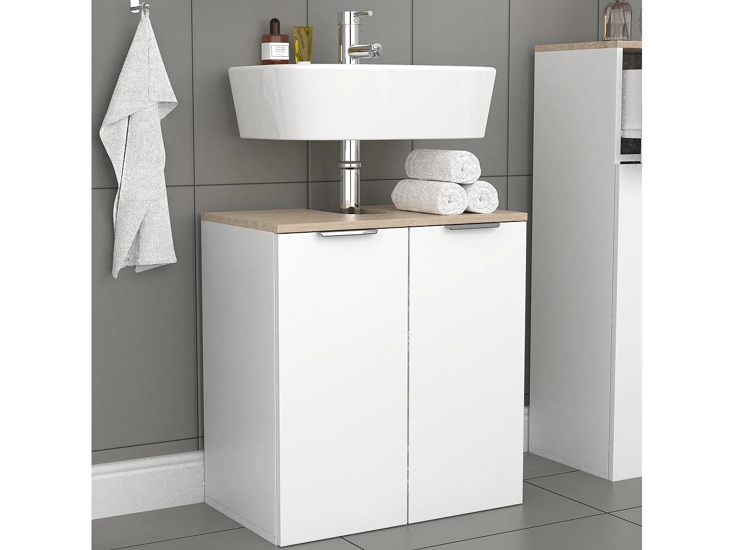 Armoire basse de salle de bain en bois Donali portes battantes