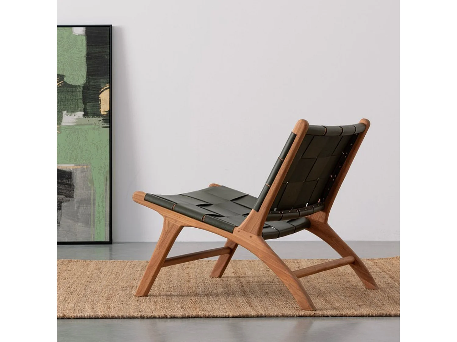 Fauteuil lounge en bois teck et cuir pleine fleur - ROBERT
