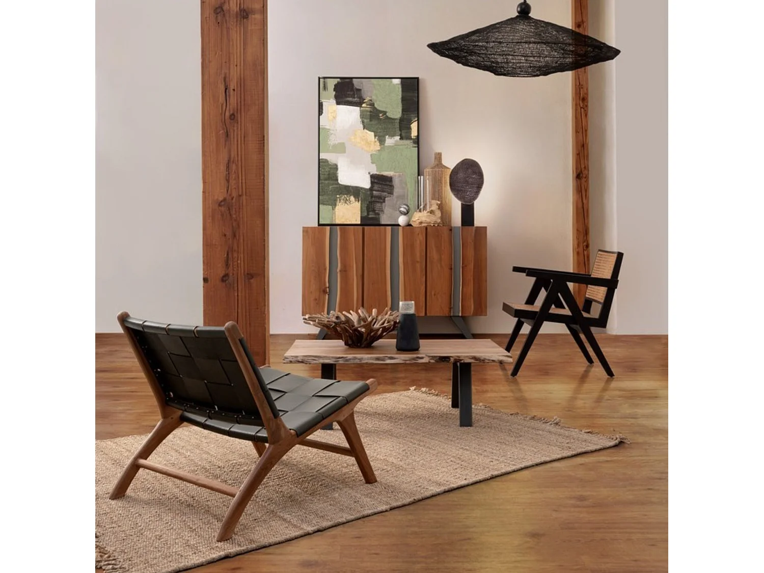 Fauteuil lounge en bois teck et cuir pleine fleur - ROBERT