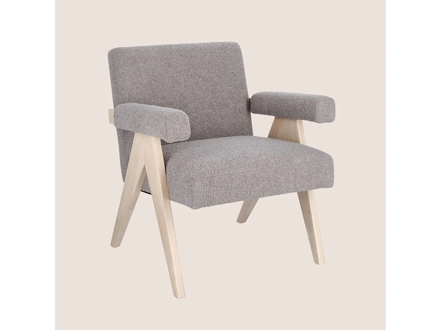 Fauteuil bouclette à accoudoirs et bois naturel - ZAIA