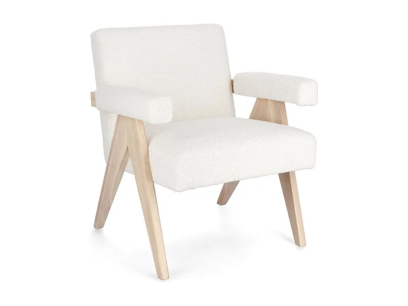 Fauteuil bouclette à accoudoirs et bois naturel - ZAIA