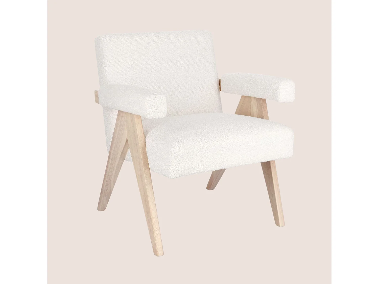 Fauteuil bouclette à accoudoirs et bois naturel - ZAIA