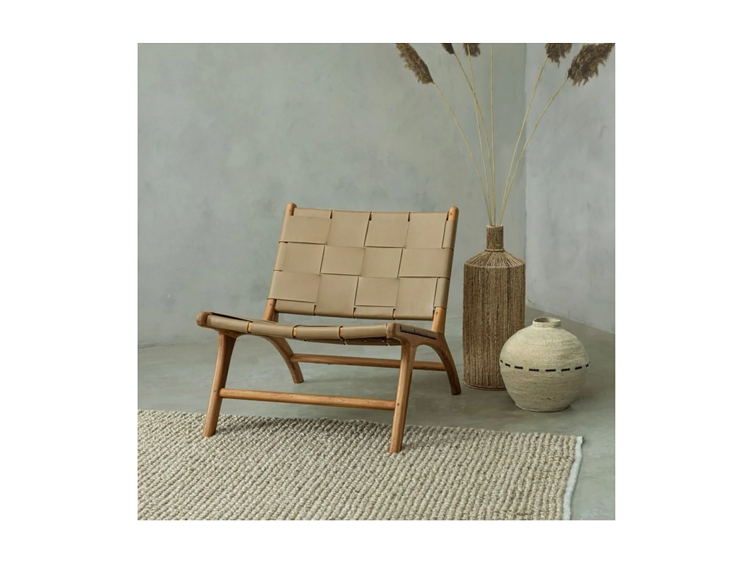 Fauteuil lounge en bois teck et cuir pleine fleur - ROBERT
