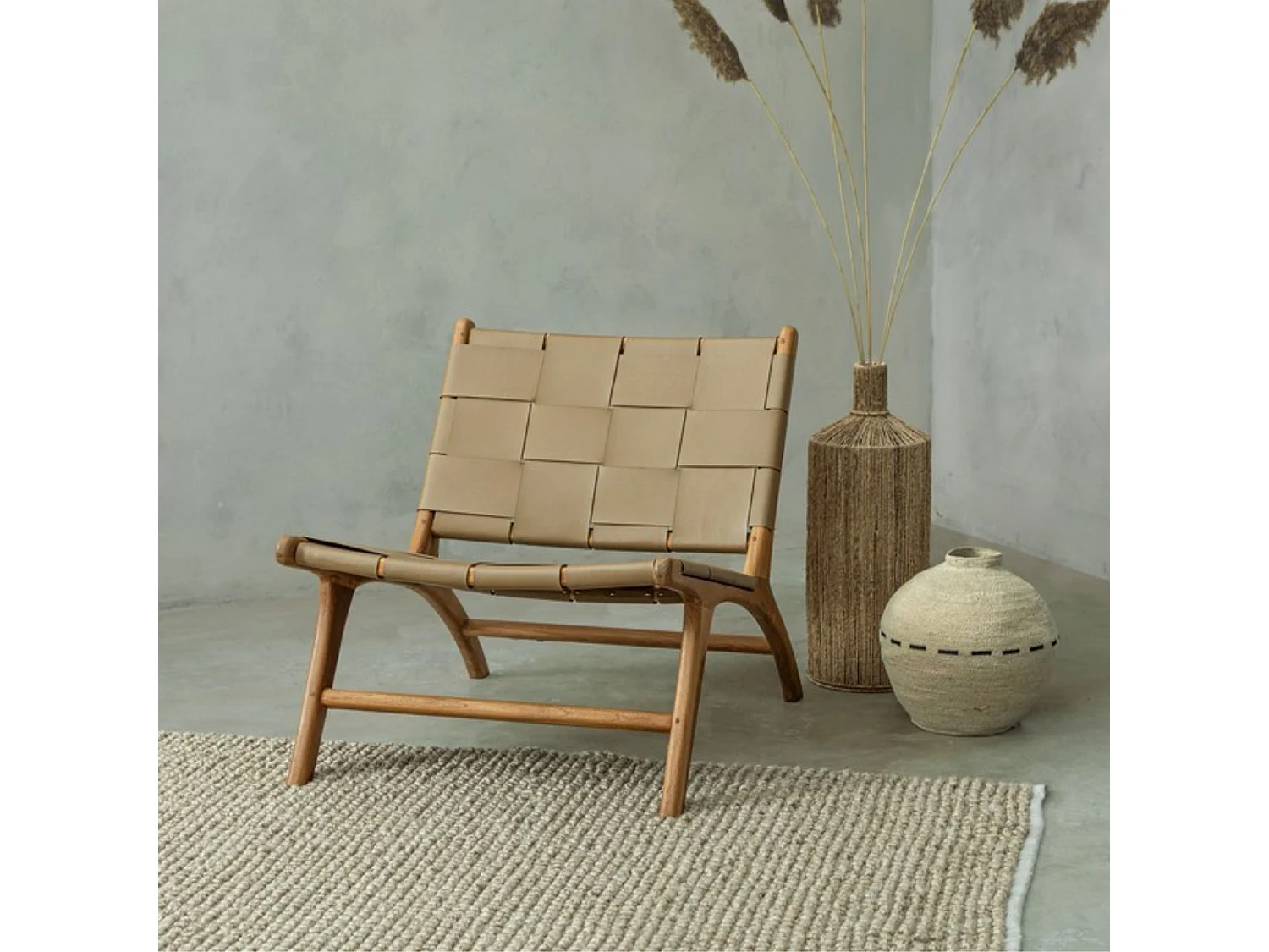 Fauteuil lounge en bois teck et cuir pleine fleur - ROBERT