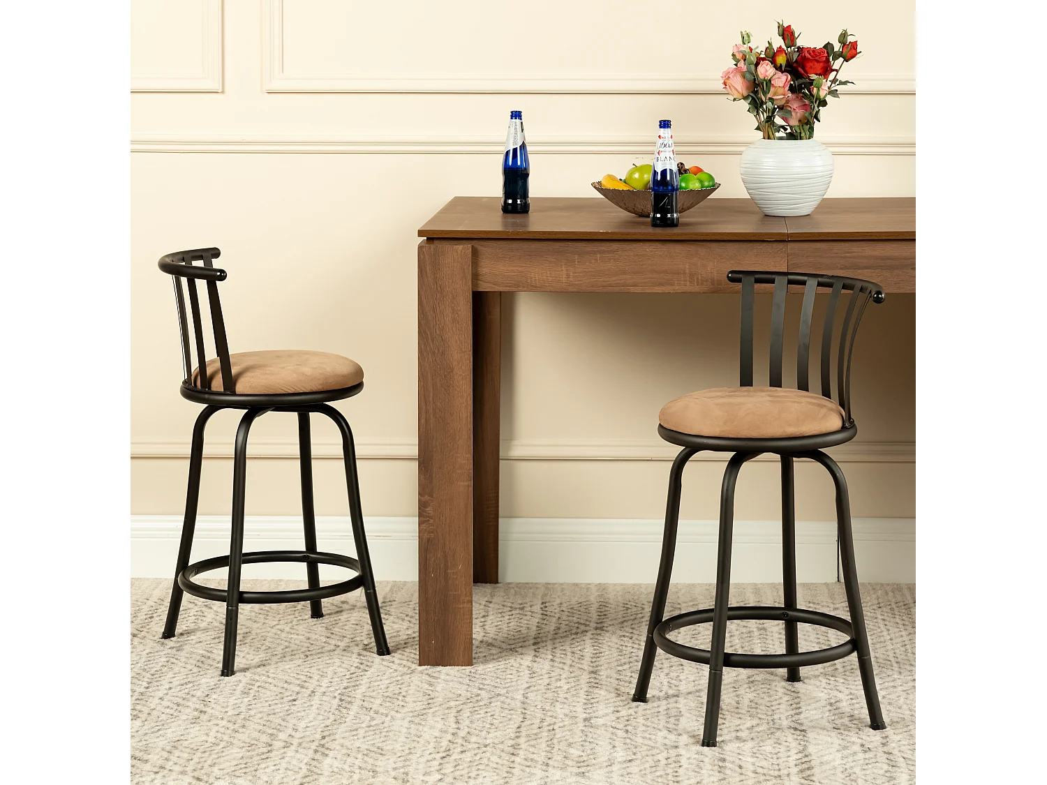 Lot de 2 tabourets de bar pivotants style bistrot marron repose pieds 2 hauteurs assises possibles 62/73cm PISTIL 24/29 INCH