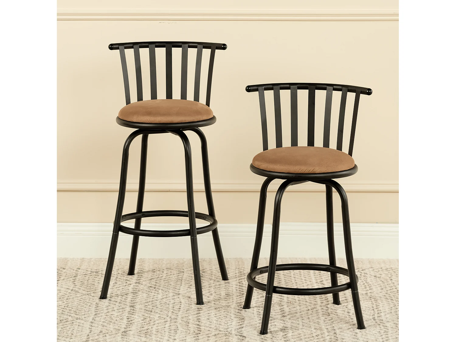 Lot de 2 tabourets de bar pivotants style bistrot marron repose pieds 2 hauteurs assises possibles 62/73cm PISTIL 24/29 INCH