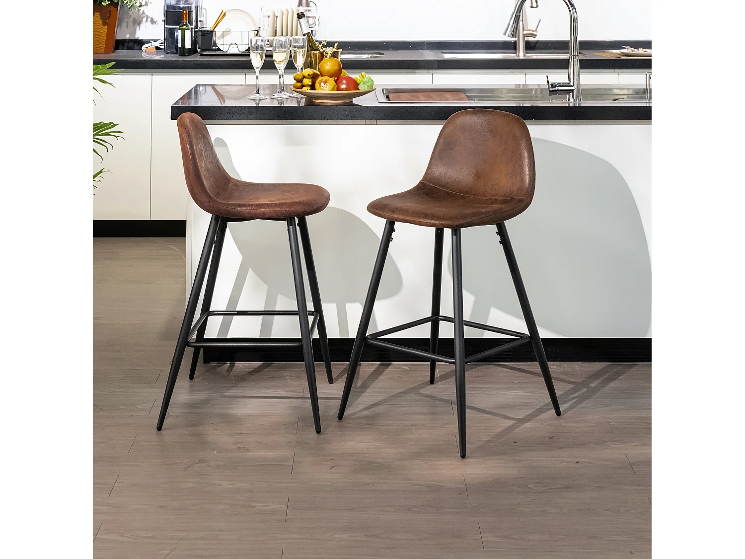 Lot de 2 tabourets de bar rétro vintage tissu suède marron pieds noir CHARLTON MIDBAR SUEDE BROWN A