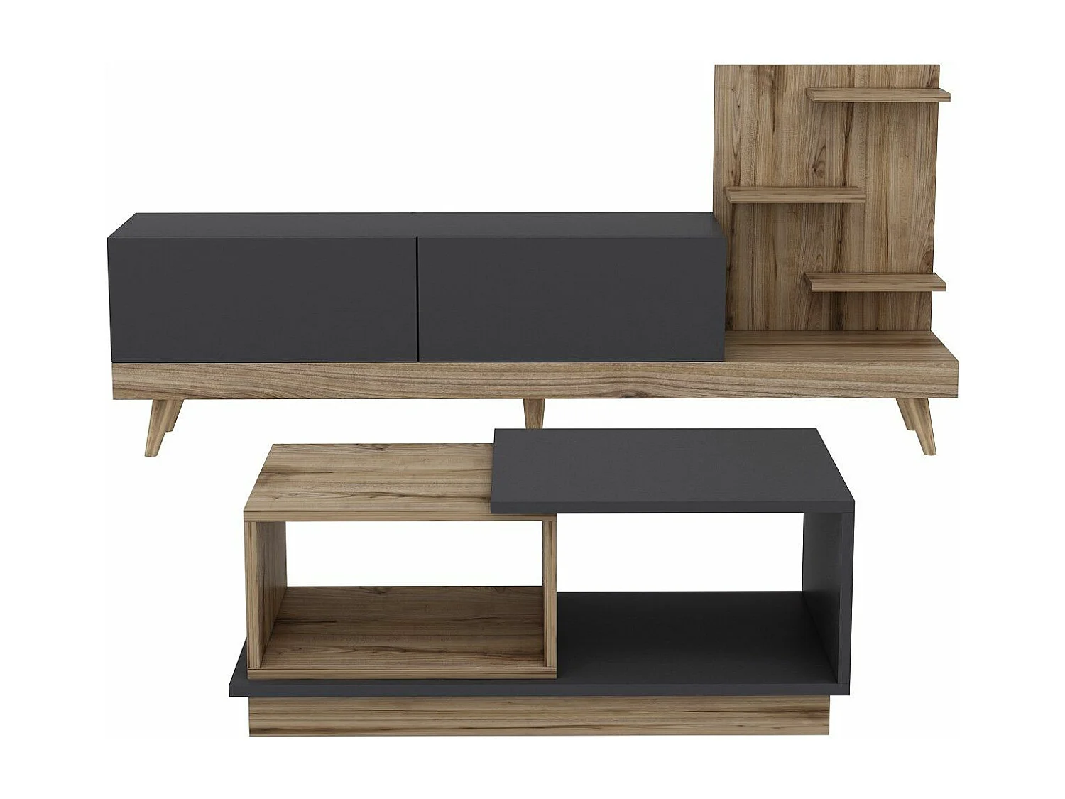 Ensemble meuble TV avec étagère et table basse Jed Bois et Anthracite