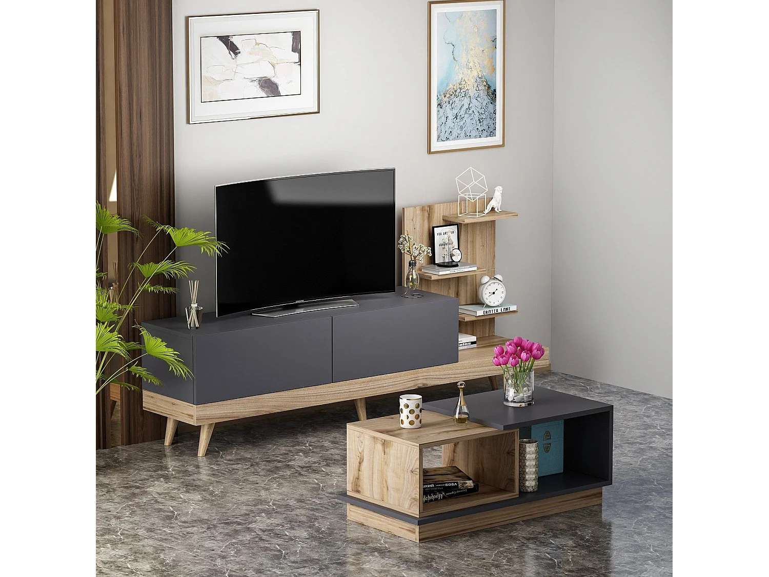 Ensemble meuble TV avec étagère et table basse Jed Bois et Anthracite