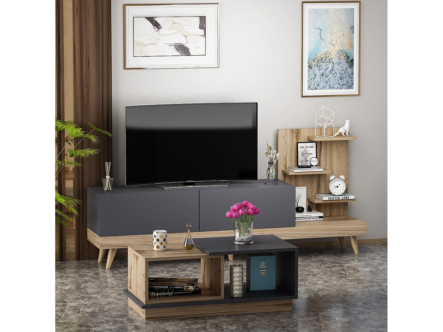 Ensemble meuble TV avec étagère et table basse Jed Bois et Anthracite