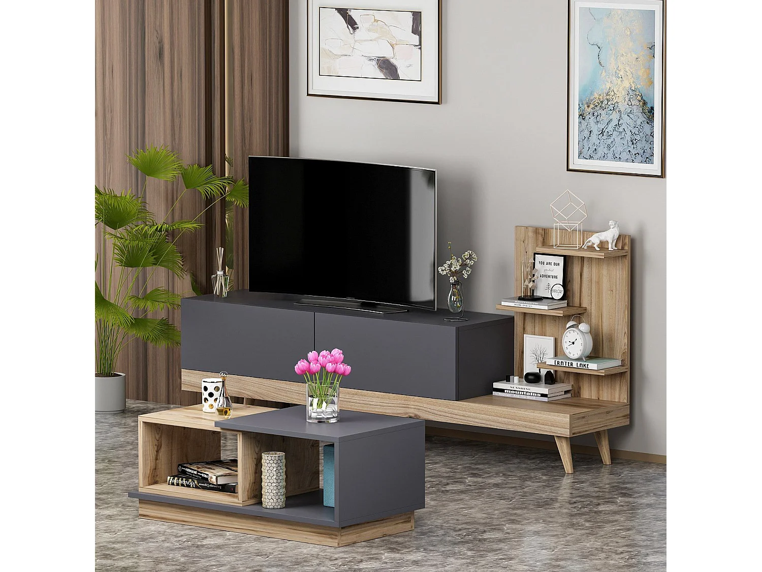 Ensemble meuble TV avec étagère et table basse Jed Bois et Anthracite