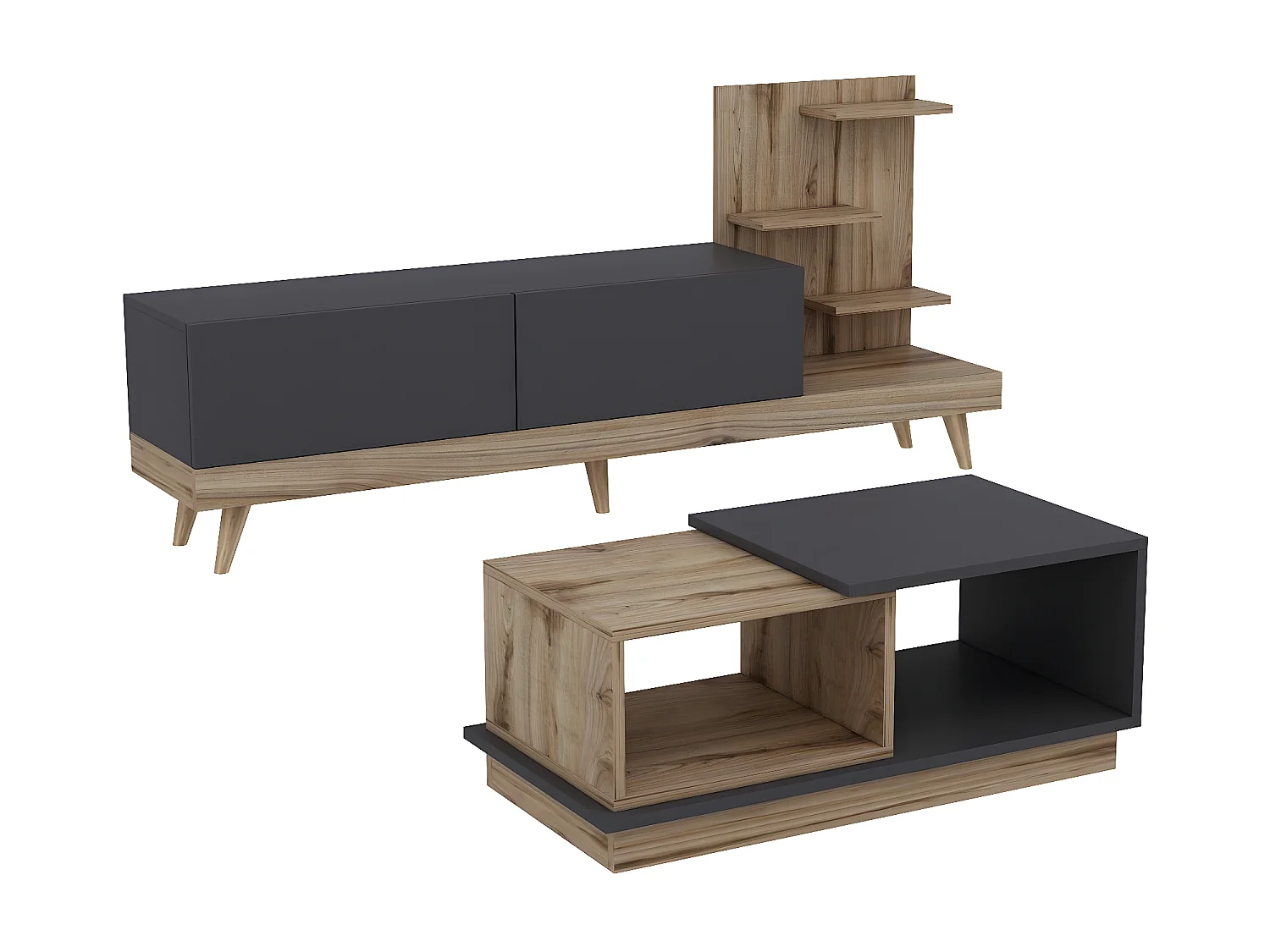 Ensemble meuble TV avec étagère et table basse Jed Bois et Anthracite