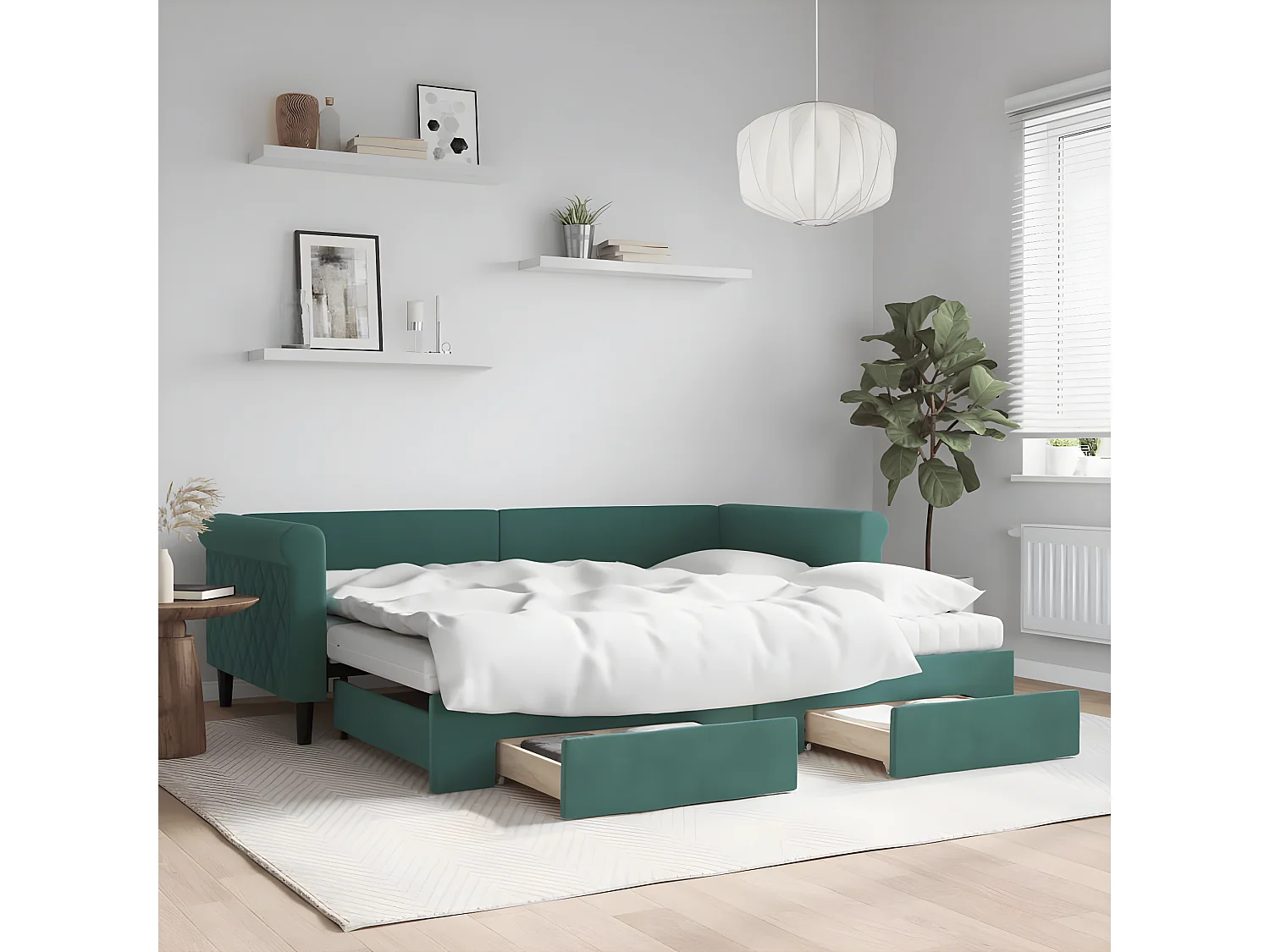 Sofá-cama c/ gavetão e gavetas 90x200 cm veludo verde-escuro