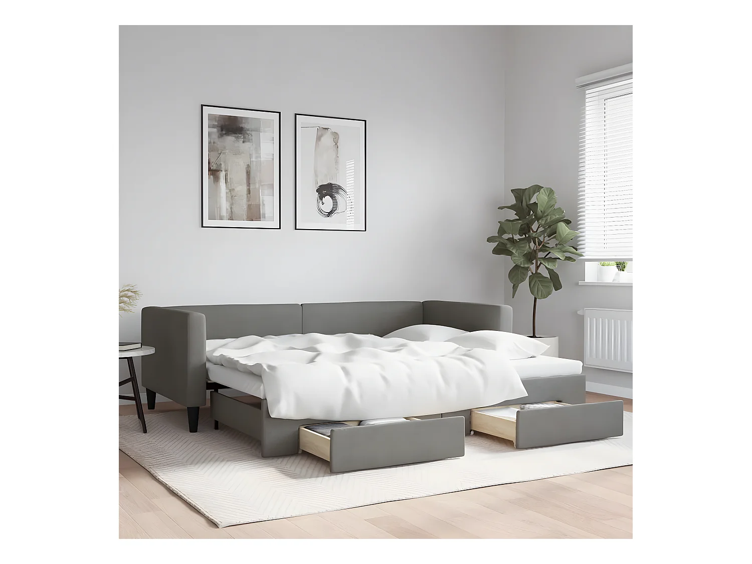 Lit de jour avec gigogne et tiroirs gris foncé 90x200 cm tissu