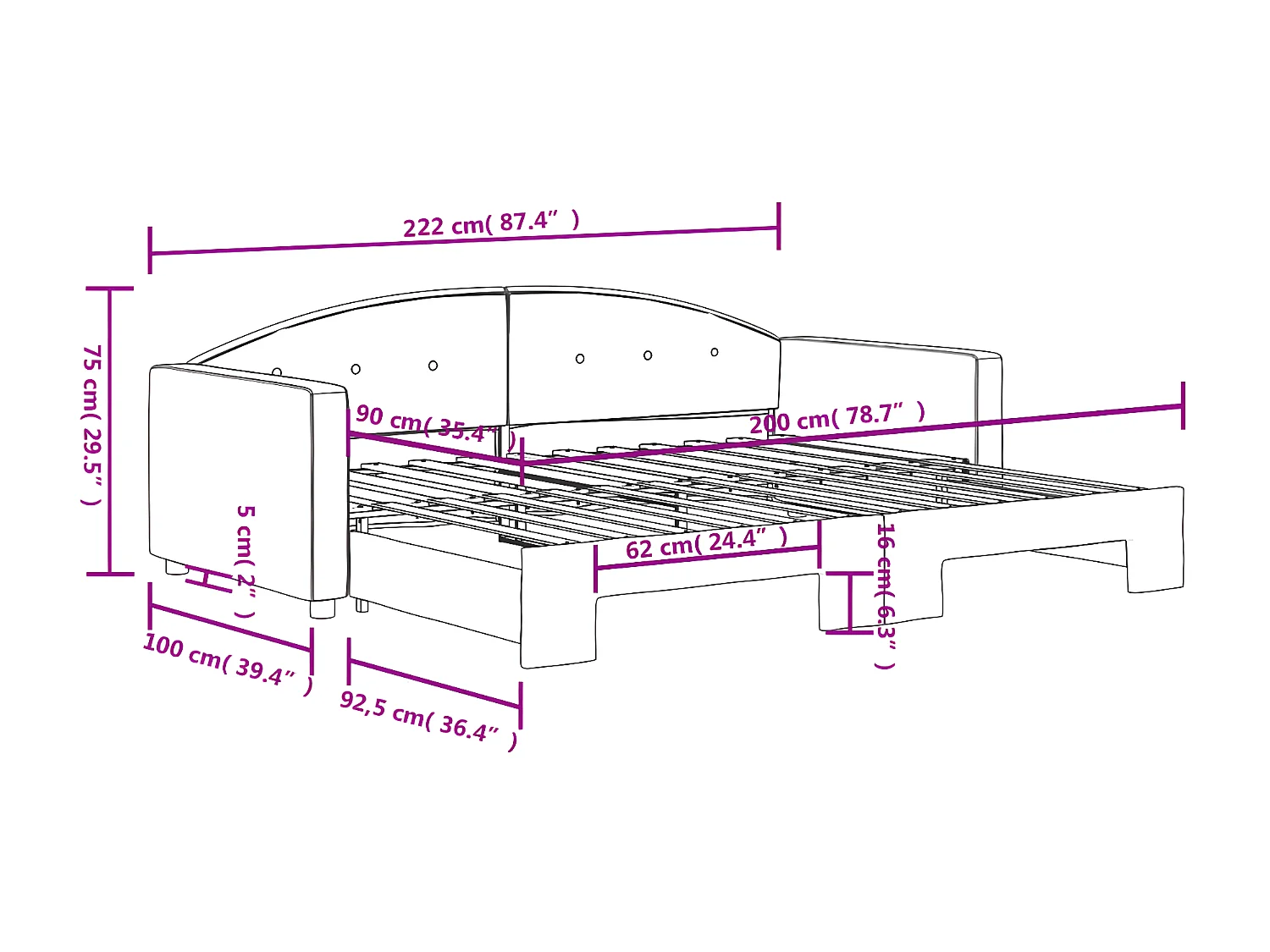 Lit de jour avec lit gigogne bleu 90x200 cm velours