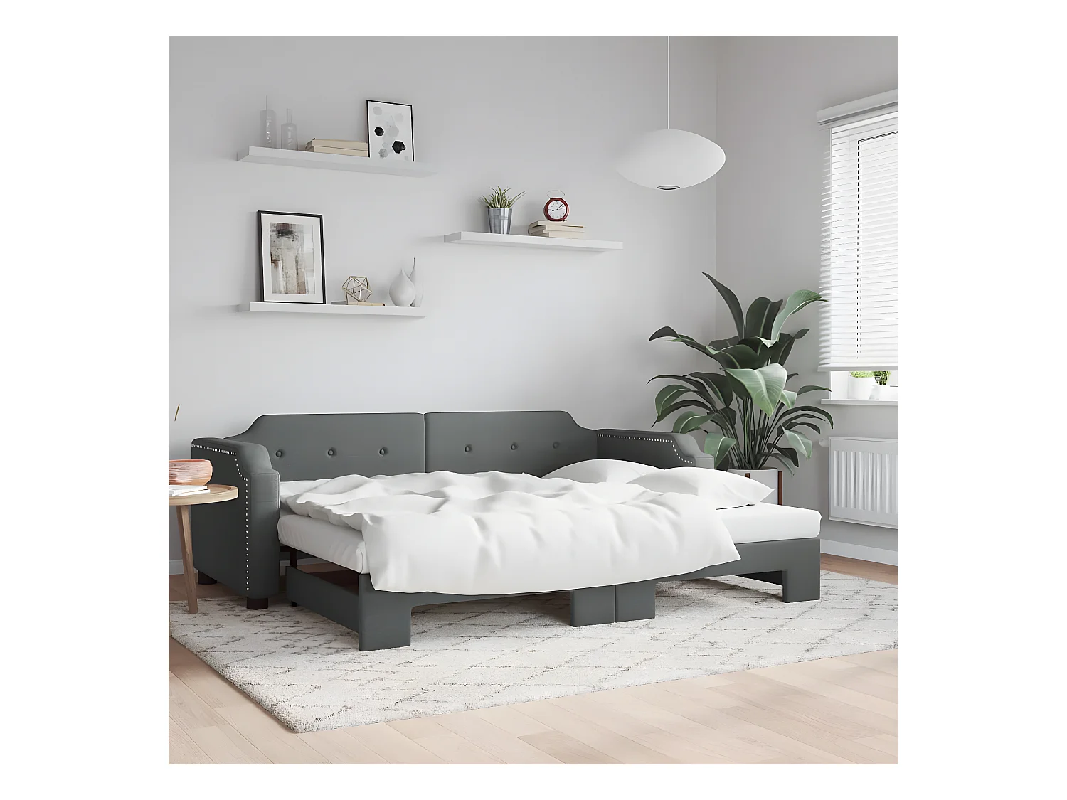 Lit de jour avec lit gigogne gris foncé 90x200 cm tissu