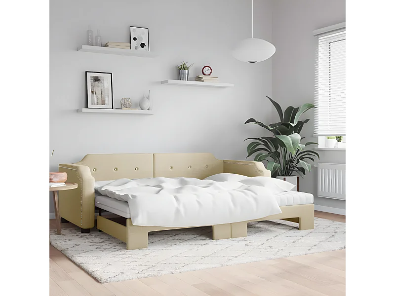 Sofá-cama c/ gavetão e colchões 90x200 cm tecido cor creme