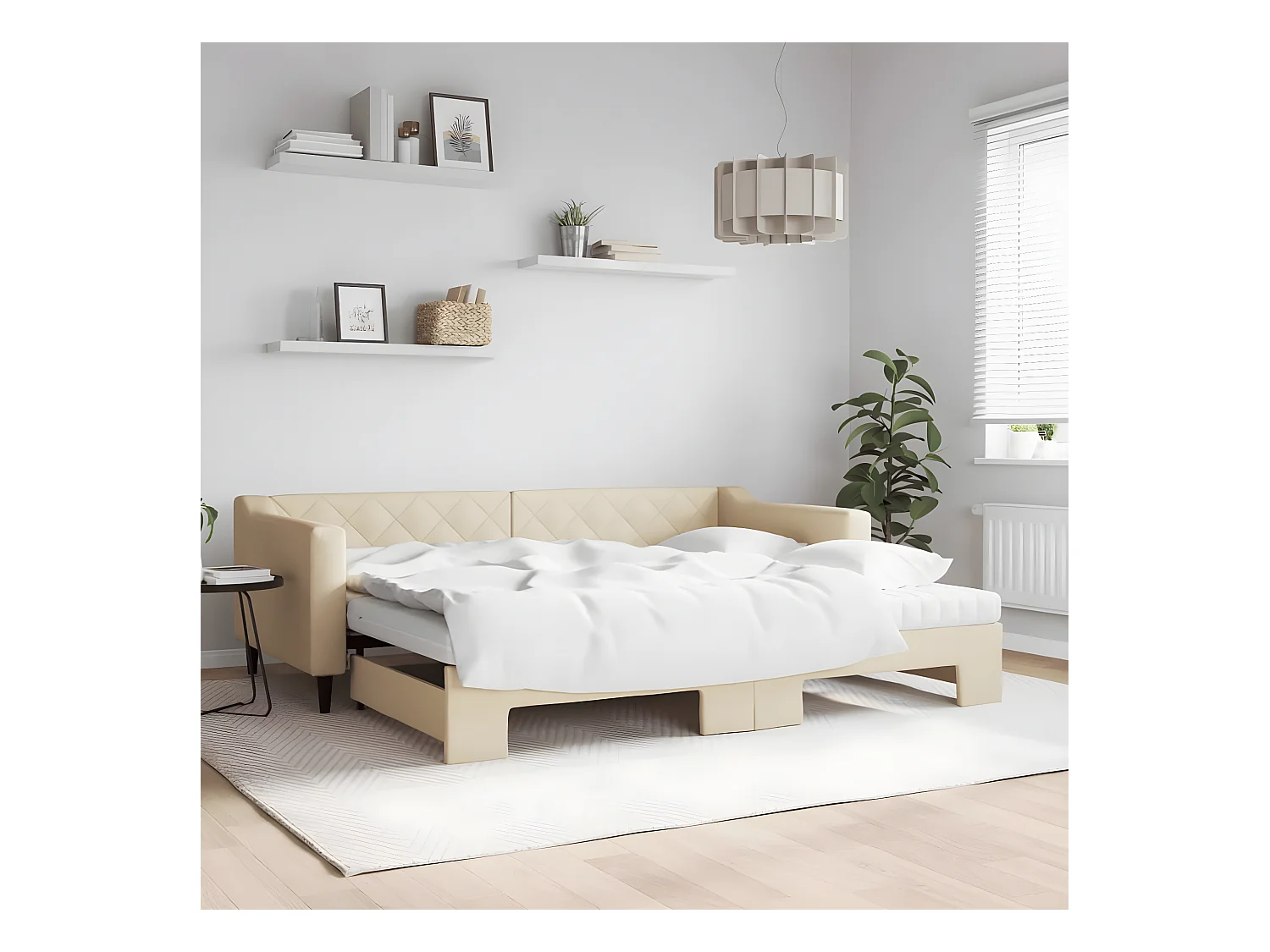 Lit de jour avec gigogne et matelas crème 90x200 cm tissu