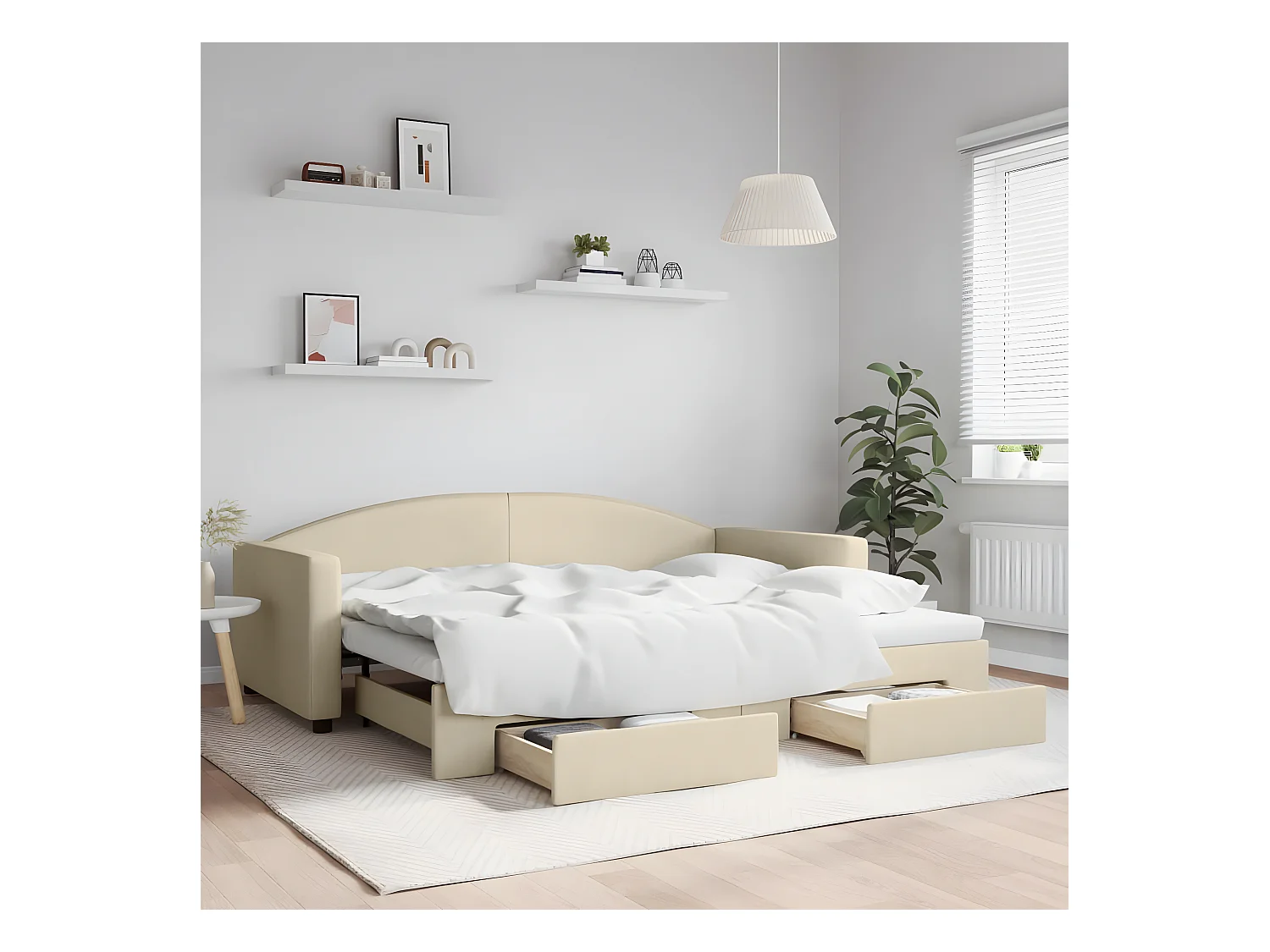 Sofá cama nido con cajones tela color crema 90x200 cm