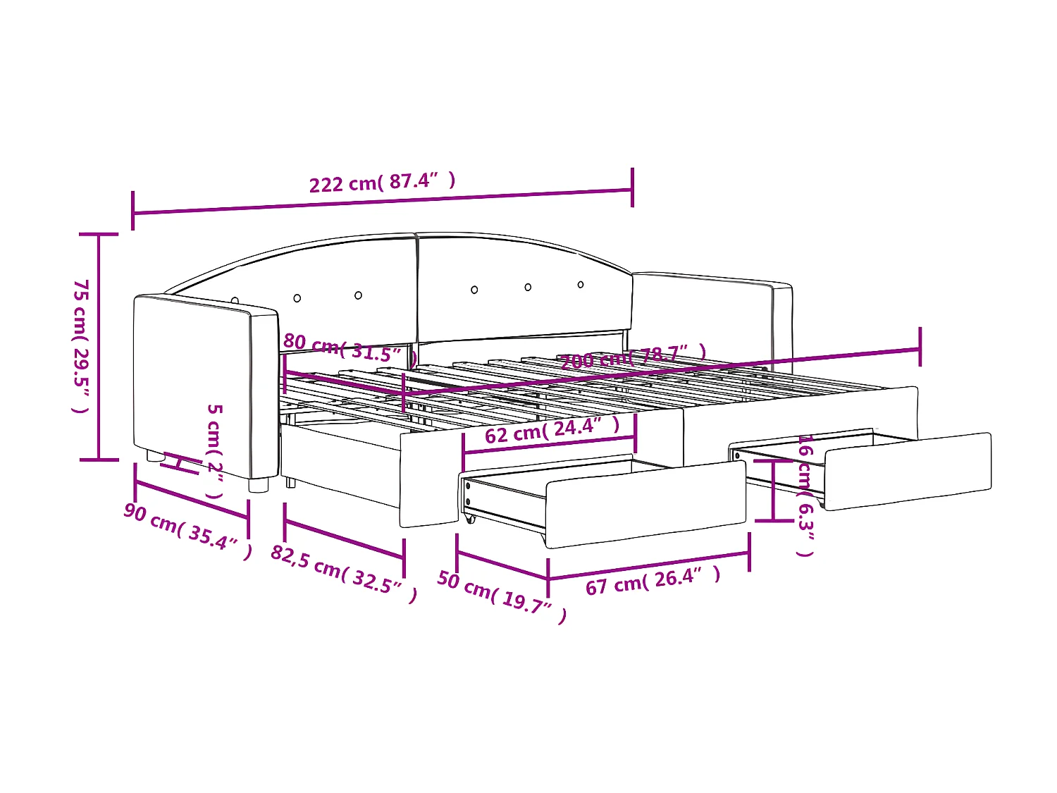 Sofá-cama c/ gavetão e gavetas 80x200cm veludo verde-escuro