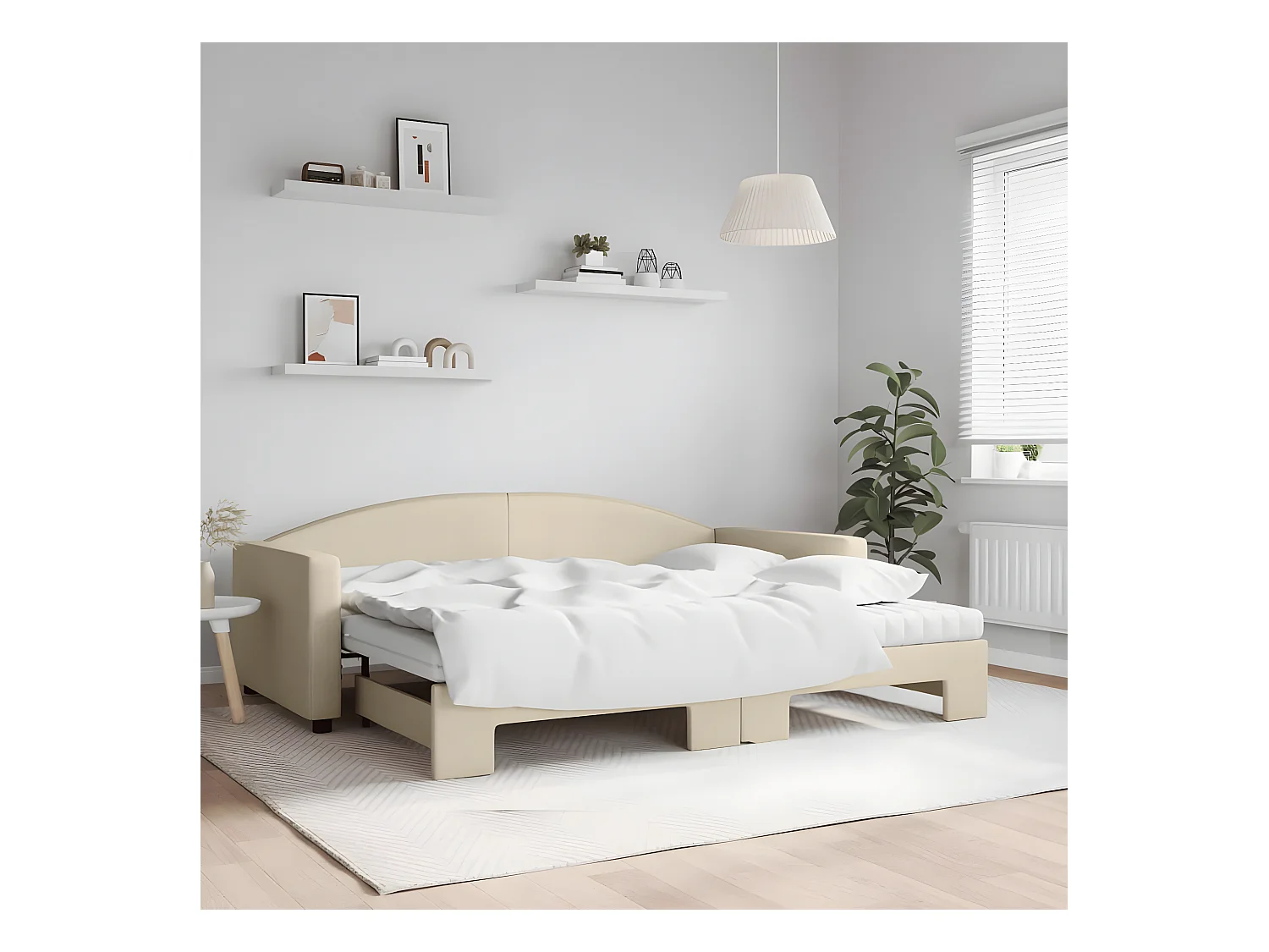 Lit de jour avec gigogne et matelas crème 90x200 cm tissu